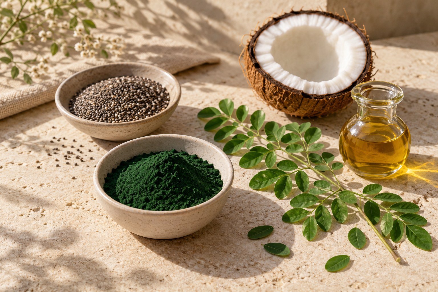 Spirulina powder, chia seeds, coconut and oil arranged on a stone table