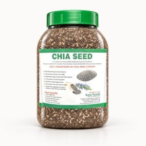 Sara Foods Chia Seeds in the authentic clear jar with green cap, photographed on a neutral studio background