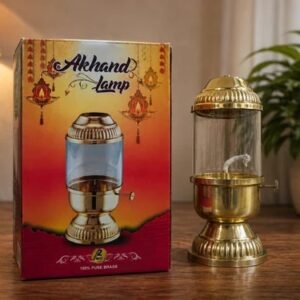 Brass Akhanda Deep with glass cover and packaging for Dashain and Tihar