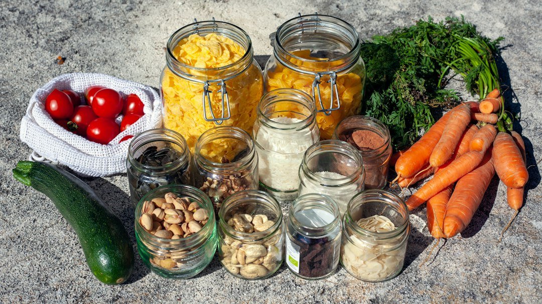 Bulk dry food ingredients displayed in storage containers
