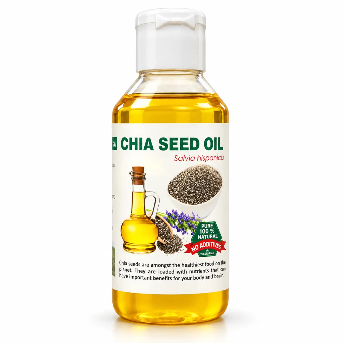 Sara Organics Chia Seed Oil bottle on a clean studio background