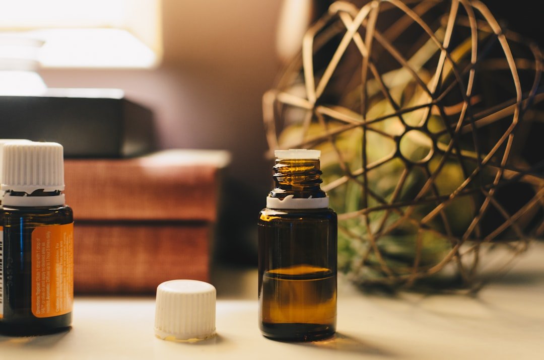 Essential oil bottles arranged for home use