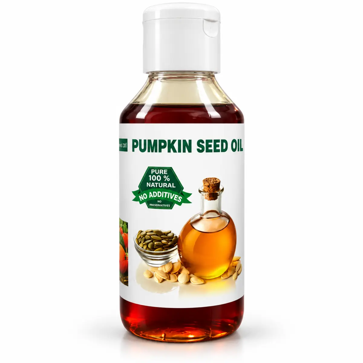 Sara Organics Pumpkin Seed Oil bottle on a clean studio background