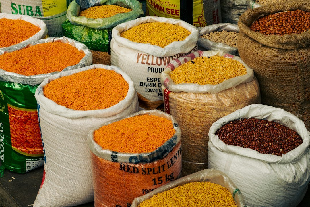 Open sacks of pulses beans and legumes for bulk supply
