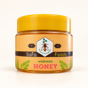 Sara Foods Moringa Honey jar on a warm white studio background