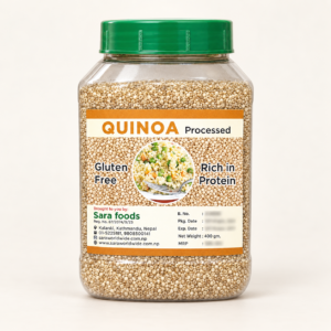 Sara Foods processed quinoa jar on a warm off-white studio background