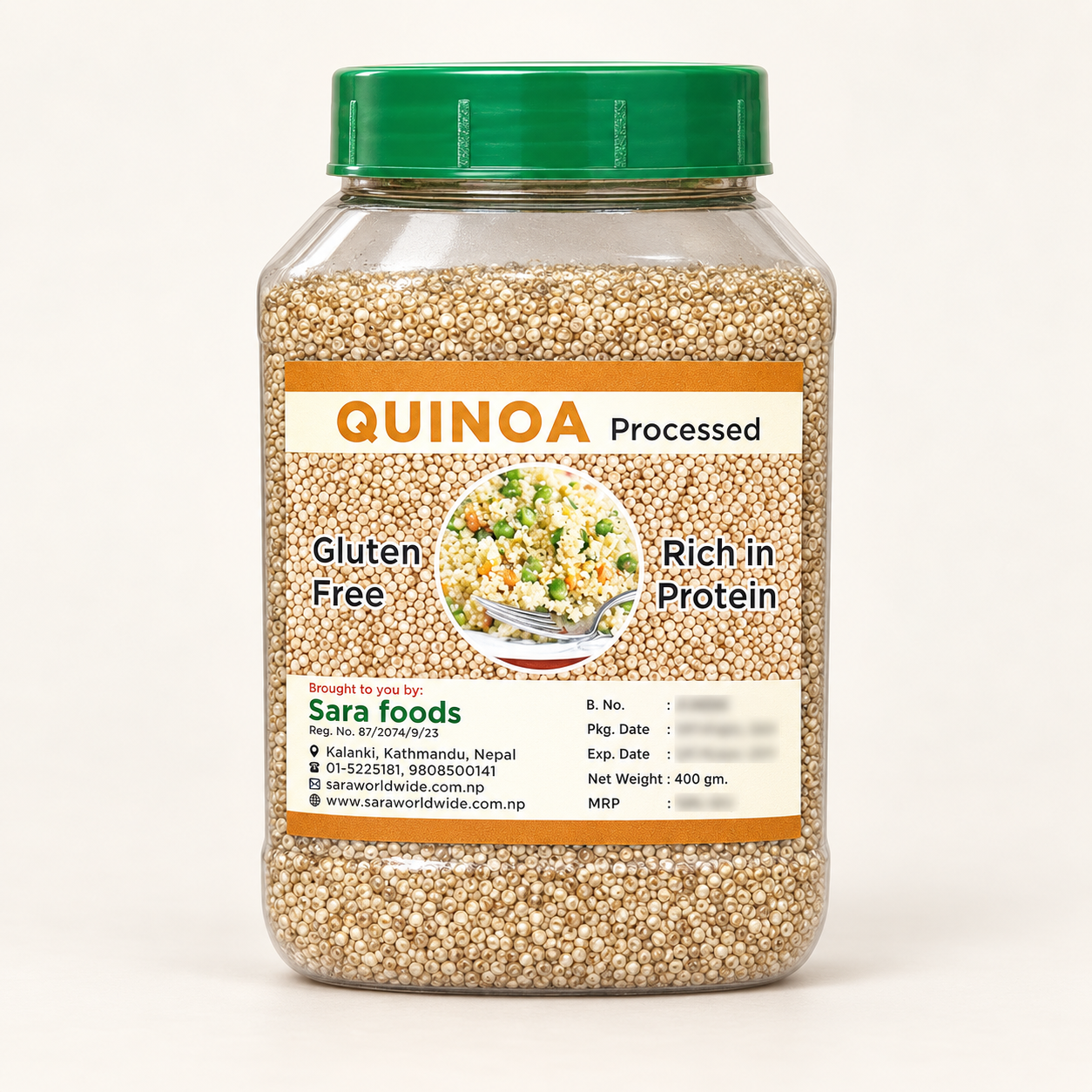 Sara Foods processed quinoa jar on a warm off-white studio background