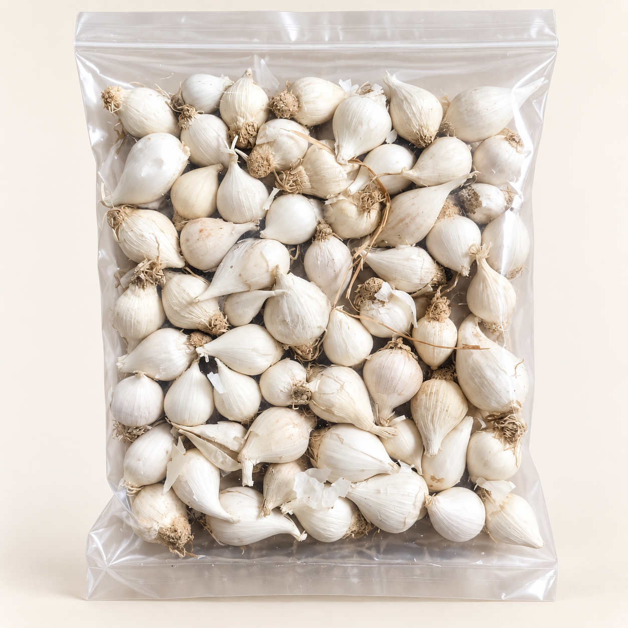 Wild garlic bulbs in a clear resealable pouch on an off-white background