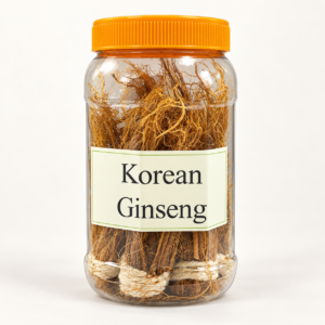 Korean Ginseng roots in a clear jar on a clean studio background