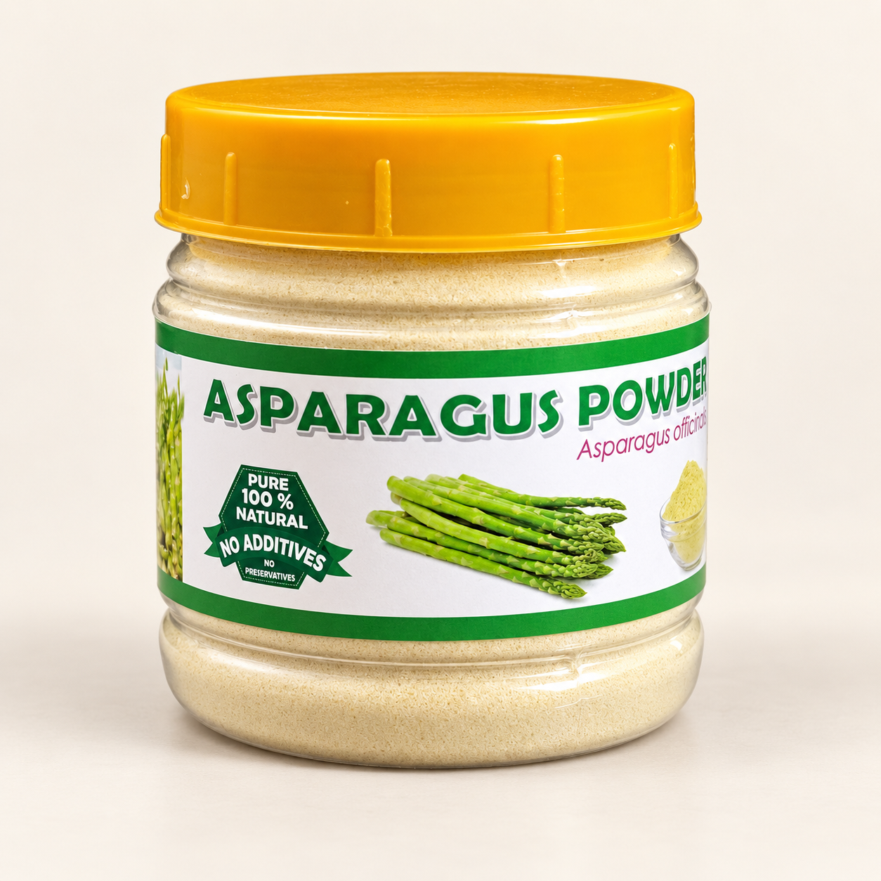 Asparagus Powder jar on a warm off-white studio background