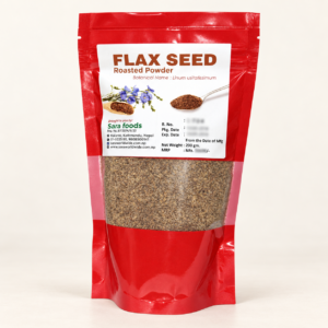 Sara Foods Roasted Flaxseed Powder pouch on a warm off-white studio background