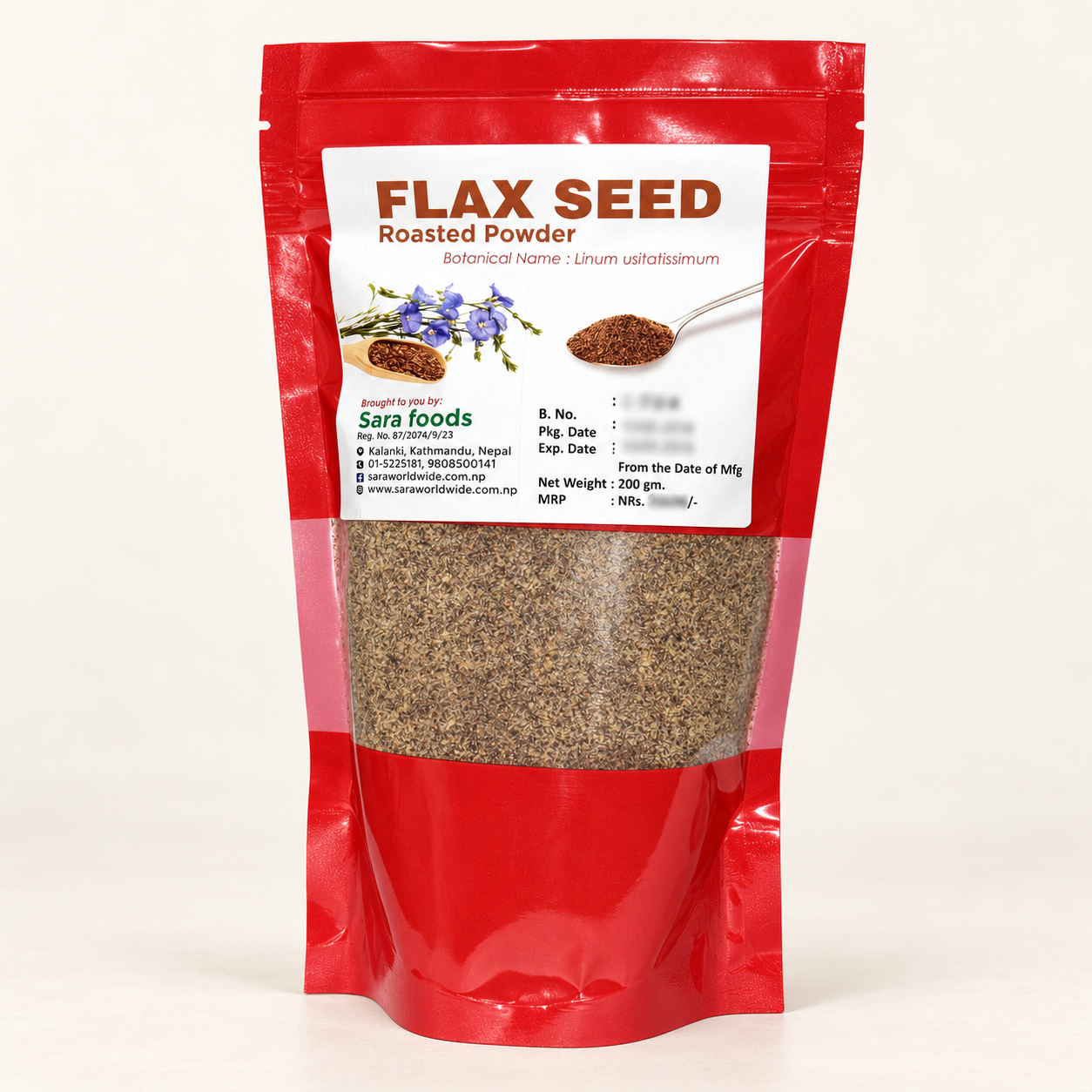 Sara Foods Roasted Flaxseed Powder pouch on a warm off-white studio background