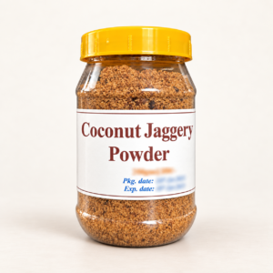 Sara Coconut Jaggery Powder jar on a warm off-white studio background