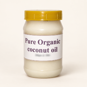 Pure Organic Coconut Oil jar on a warm off-white studio background