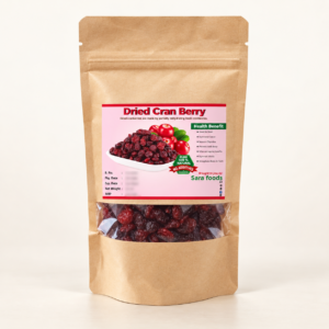 Sara Foods Dried Cran Berry pouch on a warm off-white studio background