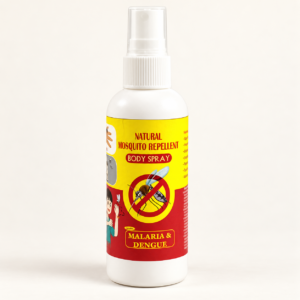 Natural Mosquito Repellent Body Spray bottle on a warm white studio background