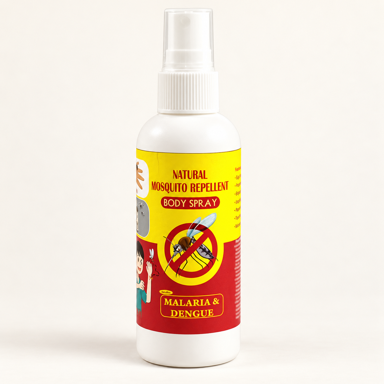 Natural Mosquito Repellent Body Spray bottle on a warm white studio background