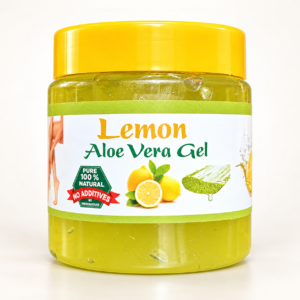 Lemon Aloe Vera Gel jar on a warm white studio background