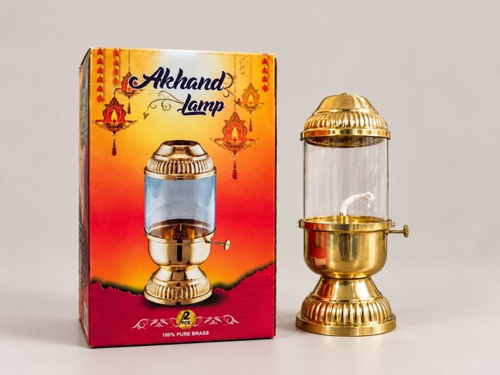 Sara Akhanda Deep brass Akhand Jyot lamp with glass chimney and product box