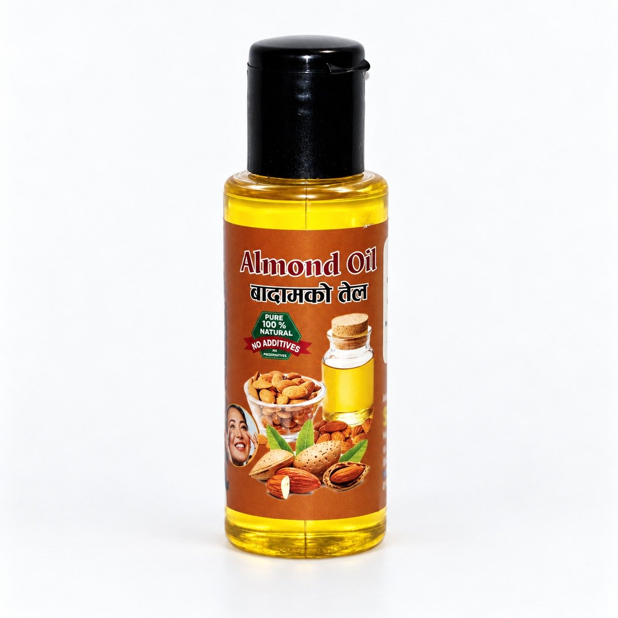 Authentic Almond Oil packaging on a neutral studio background