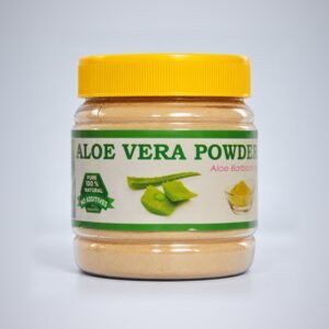 Sara Aloe Vera Powder in its original clear jar with yellow ribbed cap
