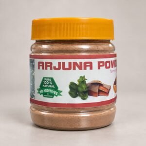 Sara Arjuna Powder in its authentic powder jar with the original photographed label and yellow cap, on a neutral studio background.