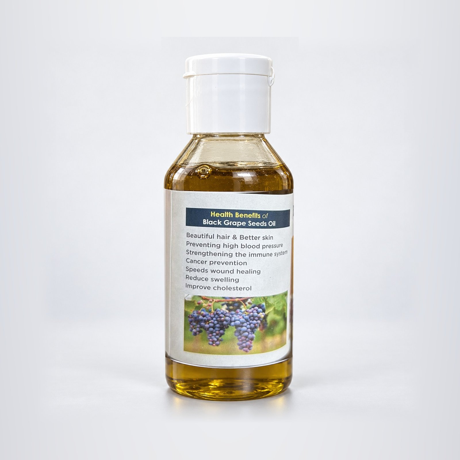 Back label of the original Sara Black Grape Seed Oil bottle