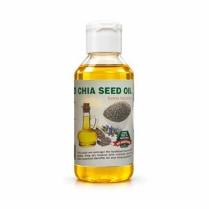 Sara Chia Seed Oil in its authentic bottle with the original photographed label, on a neutral studio background.