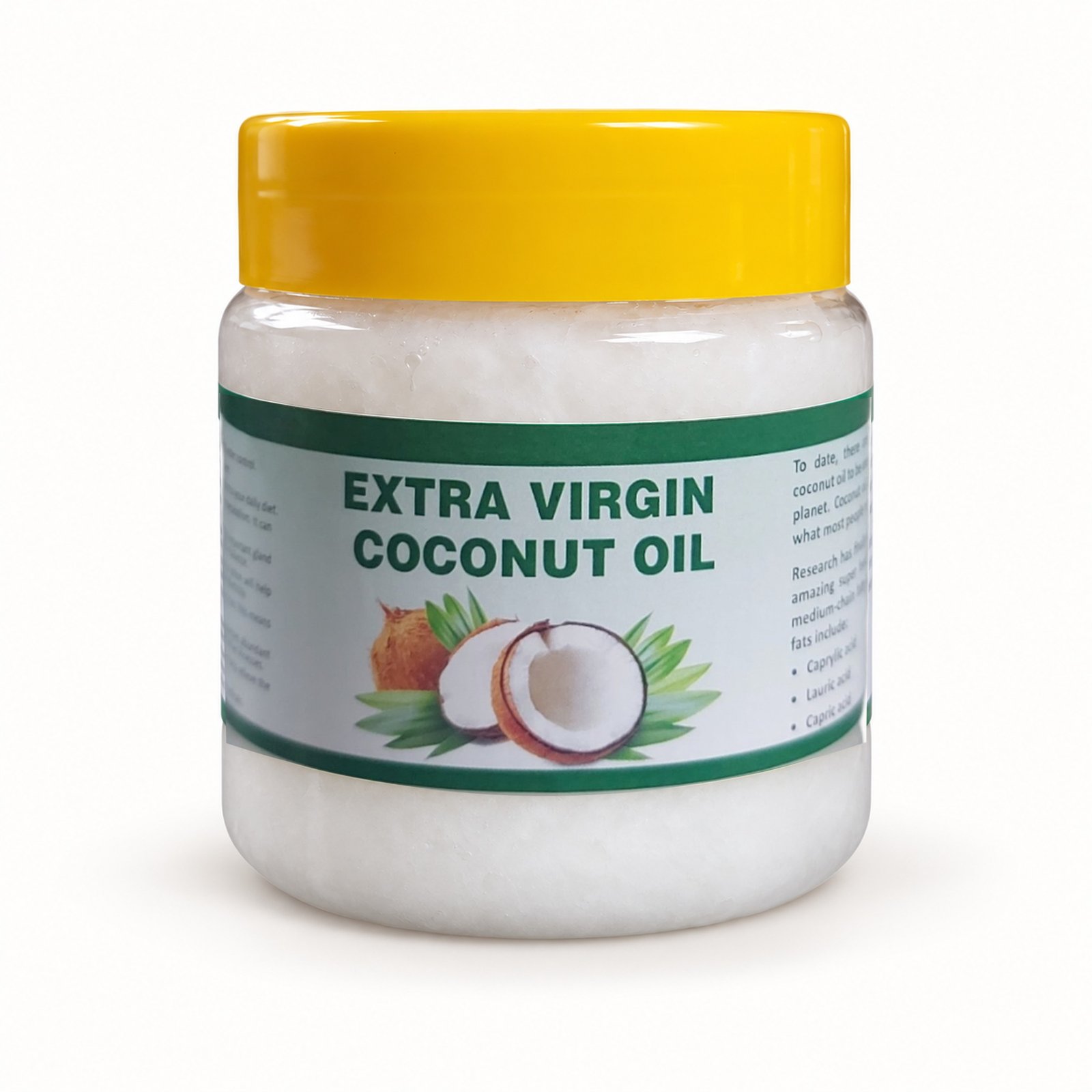 Extra Virgin Coconut Oil — Yellow-Cap Pack with its authentic photographed label on a neutral studio background