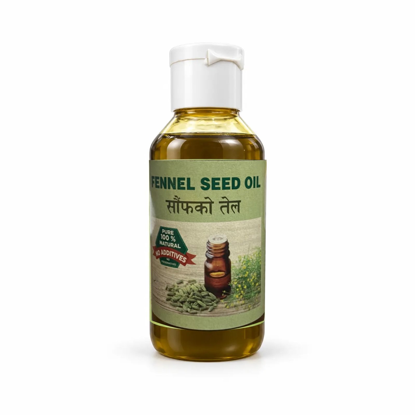 Fennel Seed Oil — Studio Product Photograph with its authentic photographed label on a neutral studio background