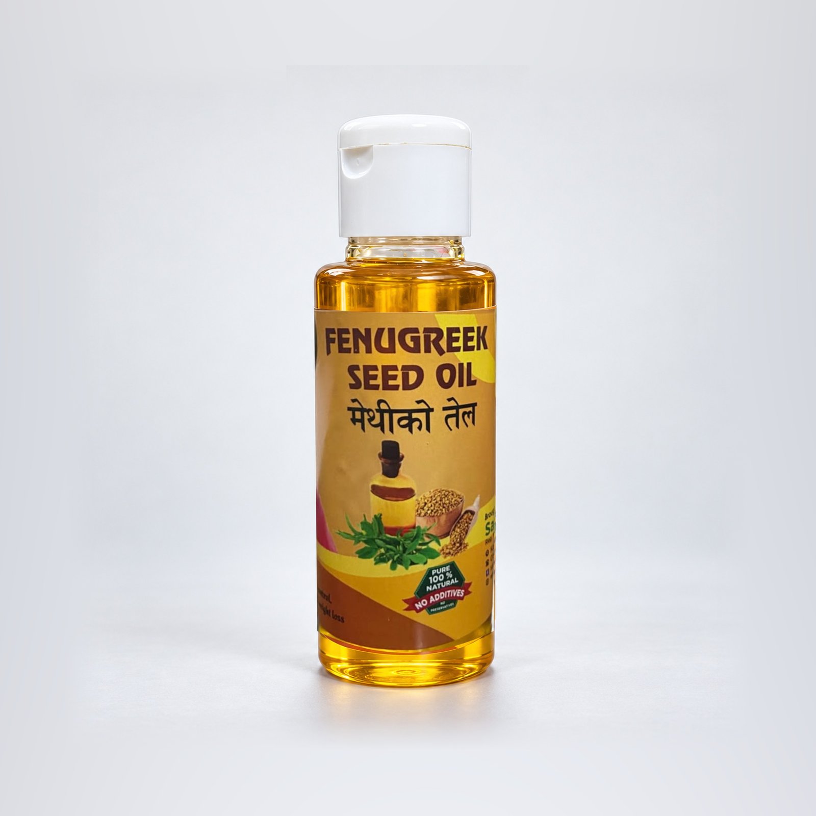 Sara Fenugreek Seed Oil in its authentic packaging with the original photographed label, on a neutral studio background.