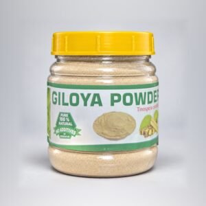 Sara Giloy Powder in its original clear jar with yellow cap and Giloya Powder label