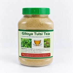 Authentic Giloya Tulsi Tea packaging on a neutral studio background