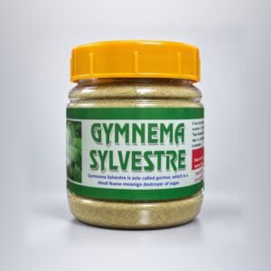 Sara Gymnema Sylvestre Powder in its original clear jar with yellow cap and green label