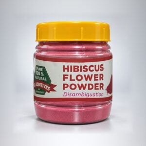 Sara Hibiscus Flower Powder in its original clear plastic jar with yellow cap and authentic photographed label, on a neutral studio background