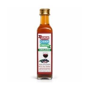 Jamun Cider Vinegar in its original rectangular glass bottle with gold cap and maroon label on a white studio background
