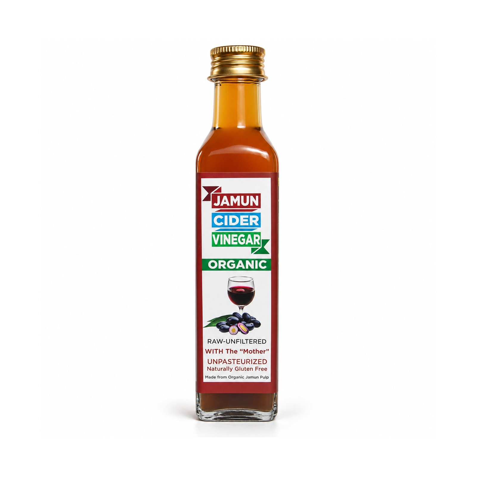 Jamun Cider Vinegar in its original rectangular glass bottle with gold cap and maroon label on a white studio background