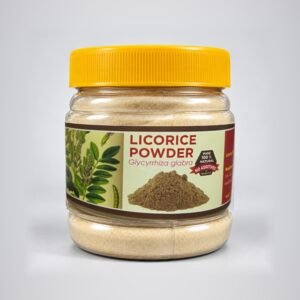 Sara Licorice Powder in its original clear plastic jar with yellow cap and authentic photographed label, on a neutral studio background