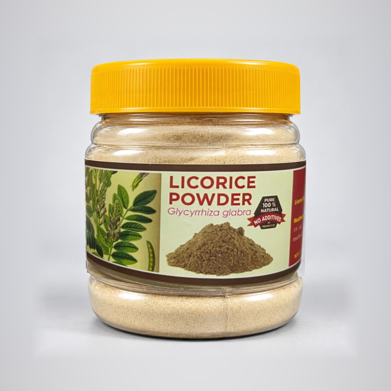 Sara Licorice Powder in its original clear plastic jar with yellow cap and authentic photographed label, on a neutral studio background