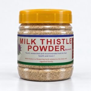 Sara Milk Thistle Powder in its authentic packaging with original photographed label, on a neutral studio background.