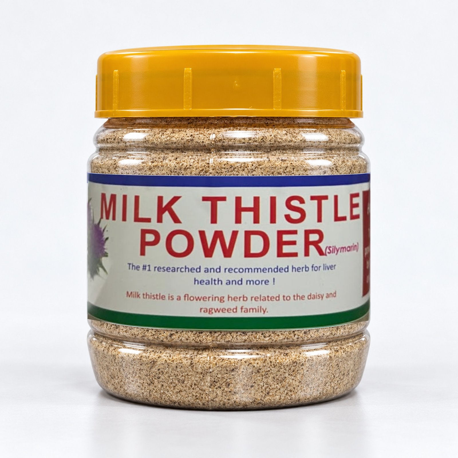 Sara Milk Thistle Powder in its authentic packaging with original photographed label, on a neutral studio background.