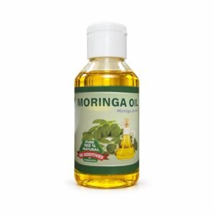 Sara Moringa Oil in its authentic bottle with the original photographed label, on a neutral studio background.
