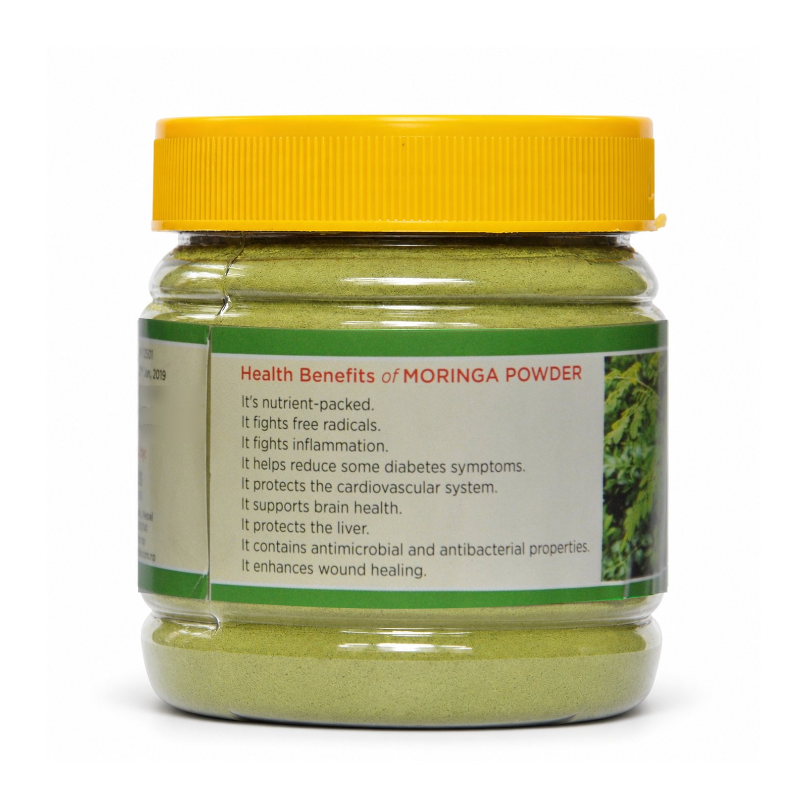 Original Moringa Powder jar with yellow cap and green benefits label, photographed from the reverse side on white