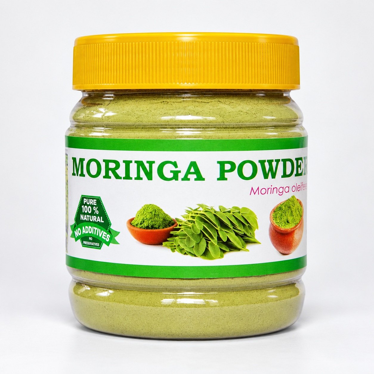 Authentic Sara Moringa Powder jar with yellow cap on a neutral studio background