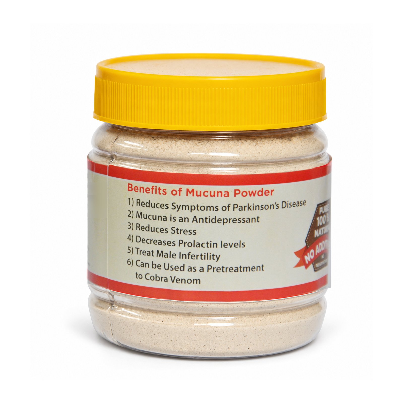 Original Mucuna Powder jar with yellow cap and red-bordered reverse label on white