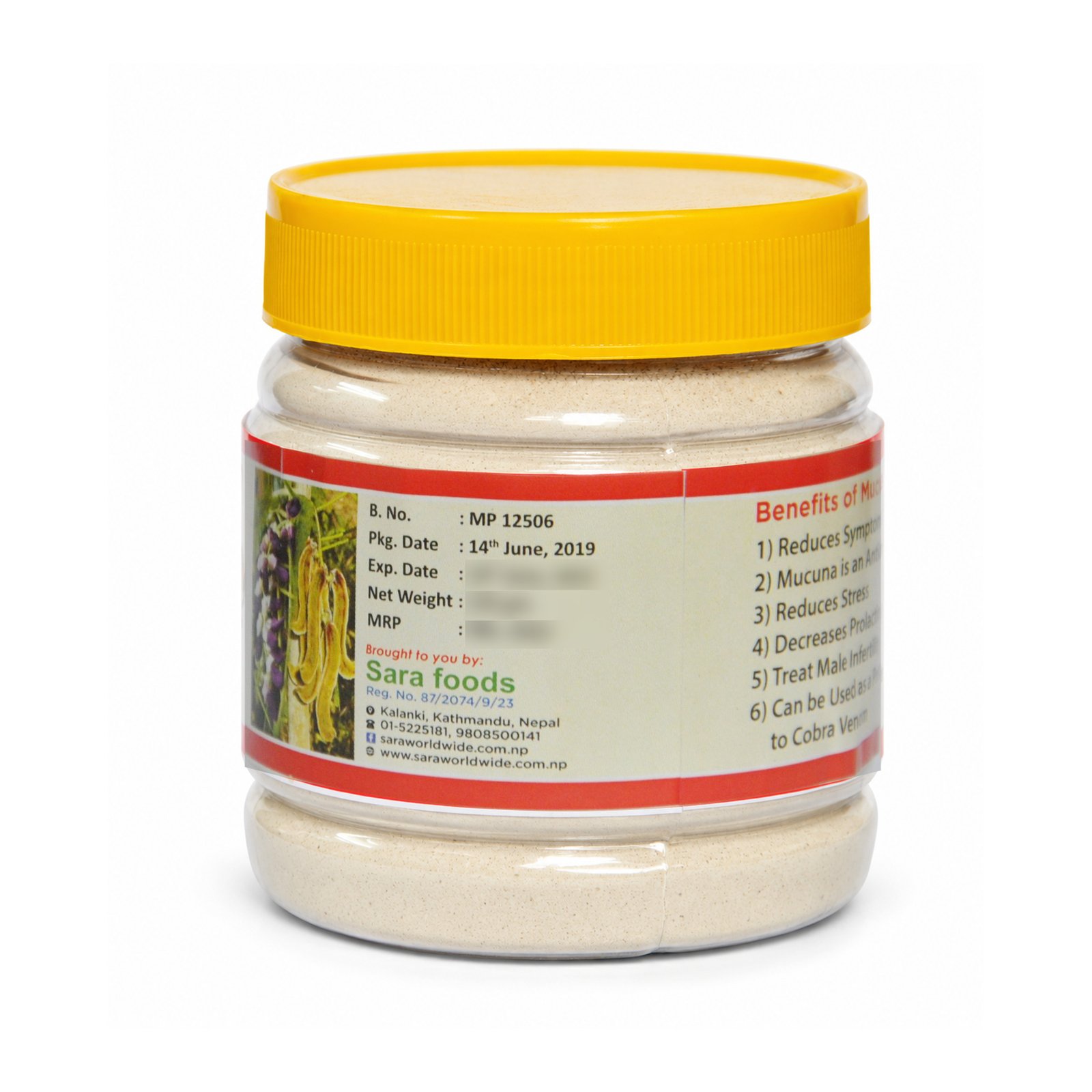 Original Sara foods Mucuna Powder jar showing its manufacturer label and plant illustration on a white studio background