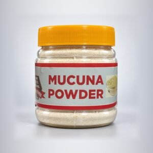 Sara Mucuna Powder in its original clear plastic jar with yellow cap and authentic photographed label, on a neutral studio background