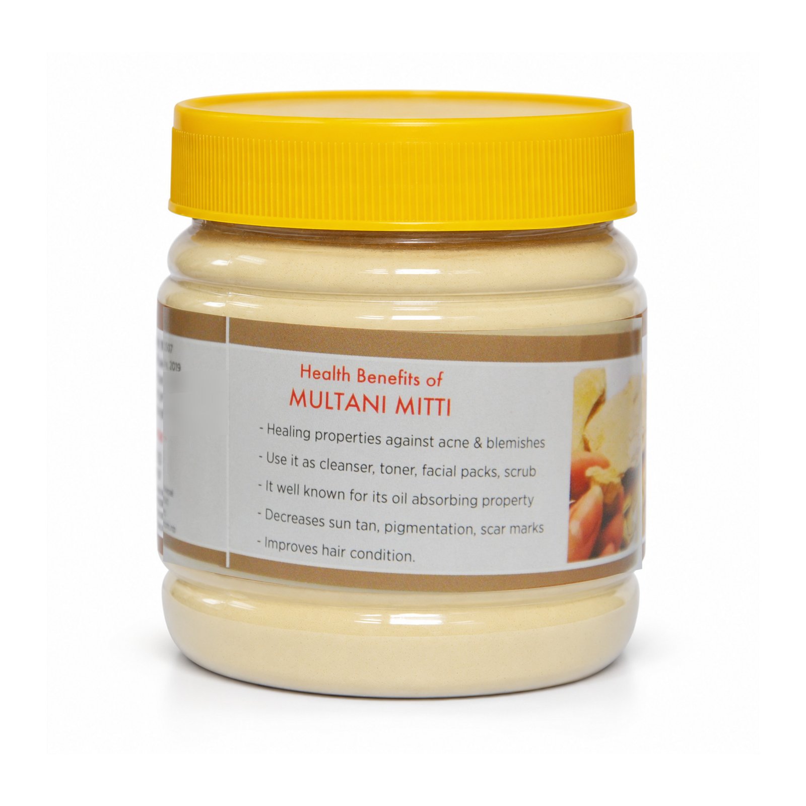Original Multani Mitti jar with yellow cap and brown-bordered printed reverse label on white