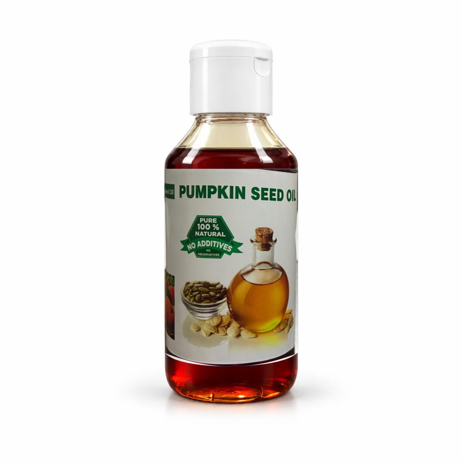 Sara Pumpkin Seed Oil in its authentic bottle with the original photographed label, on a neutral studio background.