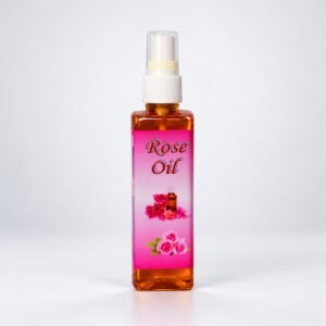 Sara Rose Oil in its original amber plastic spray bottle with pink label
